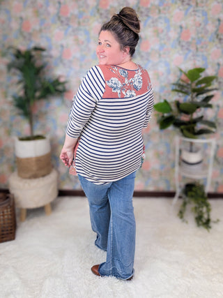 Mona Floral Raglan w/Striped 3/4 Sleeves (2 Colors)-2- Long Sleeve Tops-lovely melody-Styled by Stacked - A Plus Size Women's Boutique in Lakeville, MN