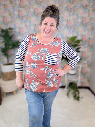 Mona Floral Raglan w/Striped 3/4 Sleeves (2 Colors)-2- Long Sleeve Tops-lovely melody-Styled by Stacked - A Plus Size Women's Boutique in Lakeville, MN