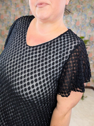 Irene V-Neck Sheer Black Top w/Dot Texture-1- ShortSlv/Slvless Tops-WHITE BIRCH-Styled by Stacked - A Plus Size Women's Boutique in Lakeville, MN