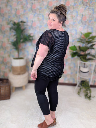 Irene V-Neck Sheer Black Top w/Dot Texture-1- ShortSlv/Slvless Tops-WHITE BIRCH-Styled by Stacked - A Plus Size Women's Boutique in Lakeville, MN