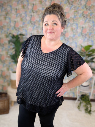 Irene V-Neck Sheer Black Top w/Dot Texture-1- ShortSlv/Slvless Tops-WHITE BIRCH-Styled by Stacked - A Plus Size Women's Boutique in Lakeville, MN