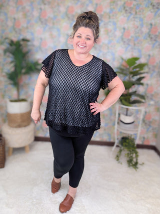 Irene V-Neck Sheer Black Top w/Dot Texture-1- ShortSlv/Slvless Tops-WHITE BIRCH-Styled by Stacked - A Plus Size Women's Boutique in Lakeville, MN