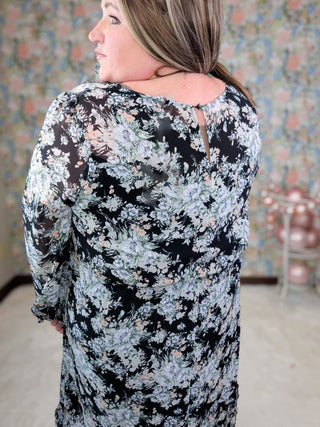 Delia Vneck Long Sleeve Dress in Florals on Black-11- Dress/Romp/Jump-Davi and Dani-Styled by Stacked - A Plus Size Women's Boutique in Lakeville, MN