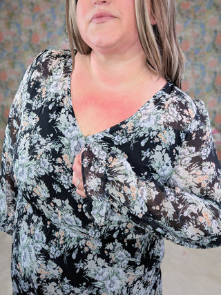 Delia Vneck Long Sleeve Dress in Florals on Black-11- Dress/Romp/Jump-Davi and Dani-Styled by Stacked - A Plus Size Women's Boutique in Lakeville, MN