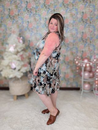 Tyler Tiered Tank Dress in Blue + Mocha Floral-11- Dress/Romp/Jump-HEIMISH-Styled by Stacked - A Plus Size Women's Boutique in Lakeville, MN