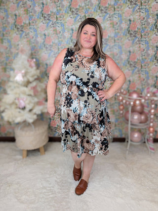 Tyler Tiered Tank Dress in Blue + Mocha Floral-11- Dress/Romp/Jump-HEIMISH-Styled by Stacked - A Plus Size Women's Boutique in Lakeville, MN