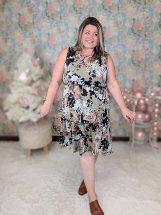 Tyler Tiered Tank Dress in Blue + Mocha Floral-11- Dress/Romp/Jump-HEIMISH-Styled by Stacked - A Plus Size Women's Boutique in Lakeville, MN