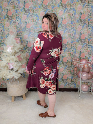 Verity Long Sleeve Faux Wrap Dress in Wine Floral-11- Dress/Romp/Jump-sweet lovely by jen-Styled by Stacked - A Plus Size Women's Boutique in Lakeville, MN