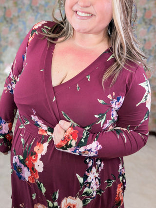 Verity Long Sleeve Faux Wrap Dress in Wine Floral-11- Dress/Romp/Jump-sweet lovely by jen-Styled by Stacked - A Plus Size Women's Boutique in Lakeville, MN