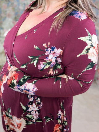 Verity Long Sleeve Faux Wrap Dress in Wine Floral-11- Dress/Romp/Jump-sweet lovely by jen-Styled by Stacked - A Plus Size Women's Boutique in Lakeville, MN