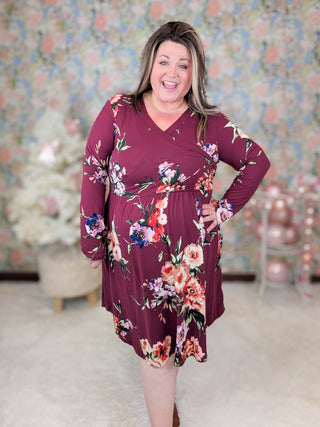 Verity Long Sleeve Faux Wrap Dress in Wine Floral-11- Dress/Romp/Jump-sweet lovely by jen-Styled by Stacked - A Plus Size Women's Boutique in Lakeville, MN