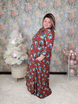 Owen 3/4 Sleeve Maxi Dress in Rust and Blue Floral-11- Dress/Romp/Jump-EMERALD-Styled by Stacked - A Plus Size Women's Boutique in Lakeville, MN