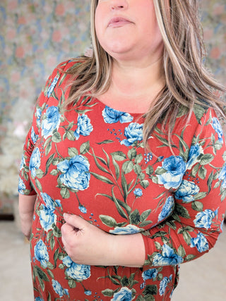 Owen 3/4 Sleeve Maxi Dress in Rust and Blue Floral-11- Dress/Romp/Jump-EMERALD-Styled by Stacked - A Plus Size Women's Boutique in Lakeville, MN