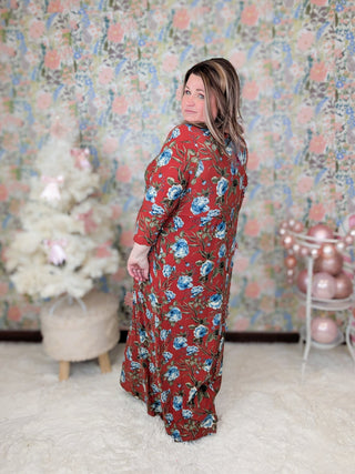 Owen 3/4 Sleeve Maxi Dress in Rust and Blue Floral-11- Dress/Romp/Jump-EMERALD-Styled by Stacked - A Plus Size Women's Boutique in Lakeville, MN
