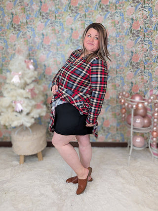 Vanessa Gabby Slitneck Dress w/Shorts in Plaid-11- Dress/Romp/Jump-WHITE BIRCH-Styled by Stacked - A Plus Size Women's Boutique in Lakeville, MN