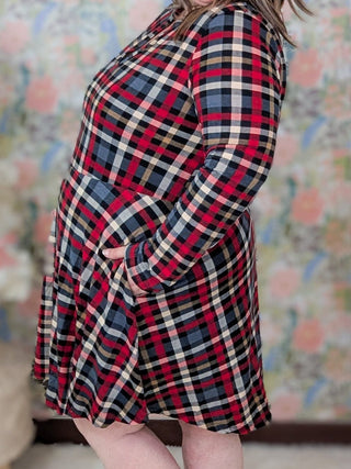 Vanessa Gabby Slitneck Dress w/Shorts in Plaid-11- Dress/Romp/Jump-WHITE BIRCH-Styled by Stacked - A Plus Size Women's Boutique in Lakeville, MN