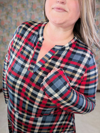 Vanessa Gabby Slitneck Dress w/Shorts in Plaid-11- Dress/Romp/Jump-WHITE BIRCH-Styled by Stacked - A Plus Size Women's Boutique in Lakeville, MN