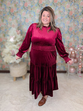Cindy Lou Velour Midi Dress in Cherry Burgundy-11- Dress/Romp/Jump-HAPTICS-Styled by Stacked - A Plus Size Women's Boutique in Lakeville, MN