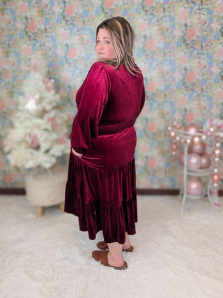 Cindy Lou Velour Midi Dress in Cherry Burgundy-11- Dress/Romp/Jump-HAPTICS-Styled by Stacked - A Plus Size Women's Boutique in Lakeville, MN