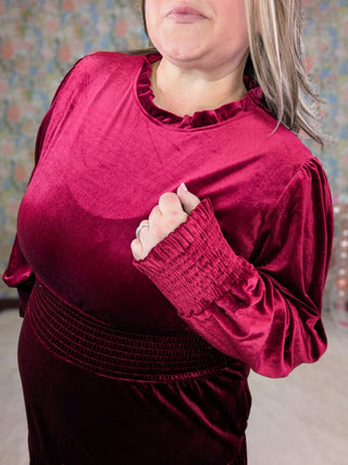 Cindy Lou Velour Midi Dress in Cherry Burgundy-11- Dress/Romp/Jump-HAPTICS-Styled by Stacked - A Plus Size Women's Boutique in Lakeville, MN