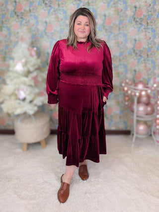 Cindy Lou Velour Midi Dress in Cherry Burgundy-11- Dress/Romp/Jump-HAPTICS-Styled by Stacked - A Plus Size Women's Boutique in Lakeville, MN