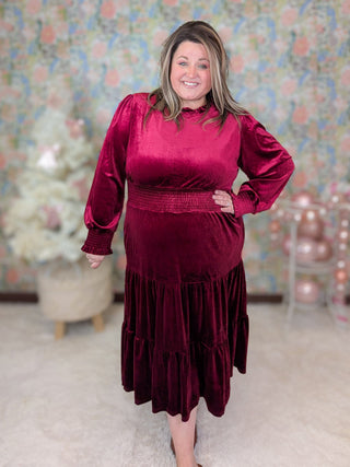 Cindy Lou Velour Midi Dress in Cherry Burgundy-11- Dress/Romp/Jump-HAPTICS-Styled by Stacked - A Plus Size Women's Boutique in Lakeville, MN