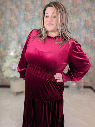 Cindy Lou Velour Midi Dress in Cherry Burgundy-11- Dress/Romp/Jump-HAPTICS-Styled by Stacked - A Plus Size Women's Boutique in Lakeville, MN