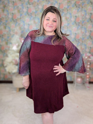 Giada Burgundy Dress w/Shimmer Sleeves-11- Dress/Romp/Jump-EMERALD-Styled by Stacked - A Plus Size Women's Boutique in Lakeville, MN