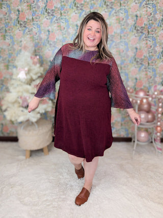 Giada Burgundy Dress w/Shimmer Sleeves-11- Dress/Romp/Jump-EMERALD-Styled by Stacked - A Plus Size Women's Boutique in Lakeville, MN