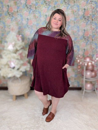 Giada Burgundy Dress w/Shimmer Sleeves-11- Dress/Romp/Jump-EMERALD-Styled by Stacked - A Plus Size Women's Boutique in Lakeville, MN
