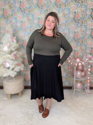 Birdie Olive + Black Colorblock Swing Dress-11- Dress/Romp/Jump-BE STAGE-Styled by Stacked - A Plus Size Women's Boutique in Lakeville, MN