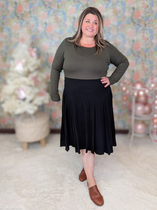 Birdie Olive + Black Colorblock Swing Dress-11- Dress/Romp/Jump-BE STAGE-Styled by Stacked - A Plus Size Women's Boutique in Lakeville, MN