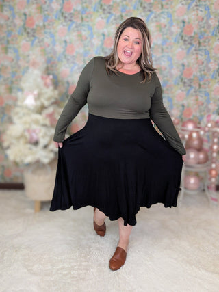 Birdie Olive + Black Colorblock Swing Dress-11- Dress/Romp/Jump-BE STAGE-Styled by Stacked - A Plus Size Women's Boutique in Lakeville, MN