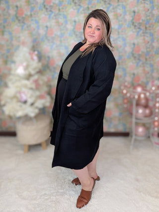 Celine Longline Coatigan w/Pockets in Black-4- Overlayer Tops-WHITE BIRCH-Styled by Stacked - A Plus Size Women's Boutique in Lakeville, MN