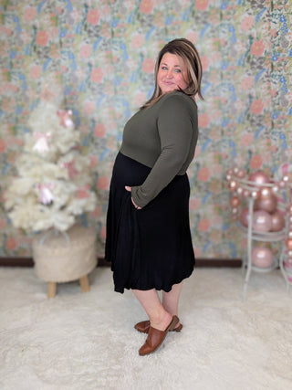 Birdie Olive + Black Colorblock Swing Dress-11- Dress/Romp/Jump-BE STAGE-Styled by Stacked - A Plus Size Women's Boutique in Lakeville, MN