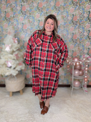 Madeline Buttondown Shirt Dress in Red + Black Plaid-11- Dress/Romp/Jump-WHITE BIRCH-Styled by Stacked - A Plus Size Women's Boutique in Lakeville, MN