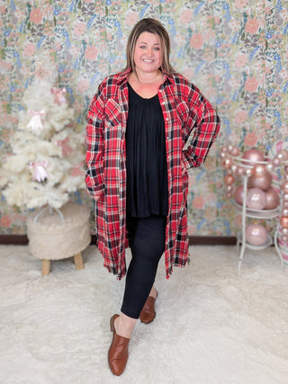 Madeline Buttondown Shirt Dress in Red + Black Plaid-11- Dress/Romp/Jump-WHITE BIRCH-Styled by Stacked - A Plus Size Women's Boutique in Lakeville, MN