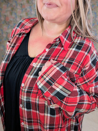 Madeline Buttondown Shirt Dress in Red + Black Plaid-11- Dress/Romp/Jump-WHITE BIRCH-Styled by Stacked - A Plus Size Women's Boutique in Lakeville, MN