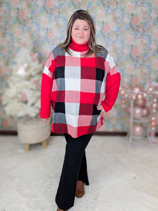 Tania Funnel Neck Sweater in Red, Black and White Plaid-2- Long Sleeve Tops-HAPTICS-Styled by Stacked - A Plus Size Women's Boutique in Lakeville, MN