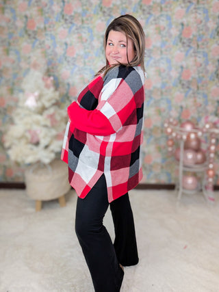 Tania Funnel Neck Sweater in Red, Black and White Plaid-2- Long Sleeve Tops-HAPTICS-Styled by Stacked - A Plus Size Women's Boutique in Lakeville, MN