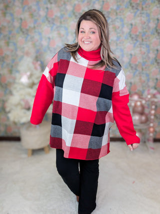 Tania Funnel Neck Sweater in Red, Black and White Plaid-2- Long Sleeve Tops-HAPTICS-Styled by Stacked - A Plus Size Women's Boutique in Lakeville, MN