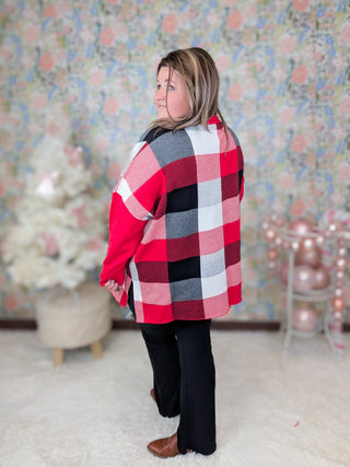Tania Funnel Neck Sweater in Red, Black and White Plaid-2- Long Sleeve Tops-HAPTICS-Styled by Stacked - A Plus Size Women's Boutique in Lakeville, MN