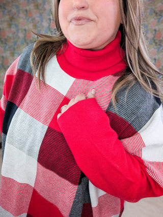 Tania Funnel Neck Sweater in Red, Black and White Plaid-2- Long Sleeve Tops-HAPTICS-Styled by Stacked - A Plus Size Women's Boutique in Lakeville, MN