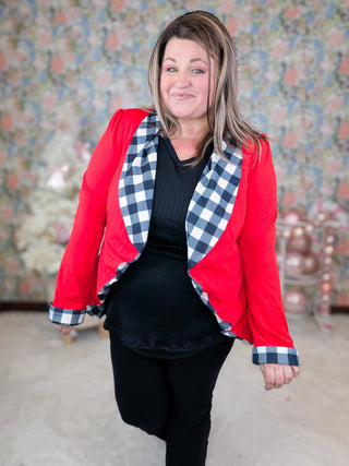 Audrey Draped Red Blazer w/Plaid Lining-4- Overlayer Tops-HEIMISH-Styled by Stacked - A Plus Size Women's Boutique in Lakeville, MN