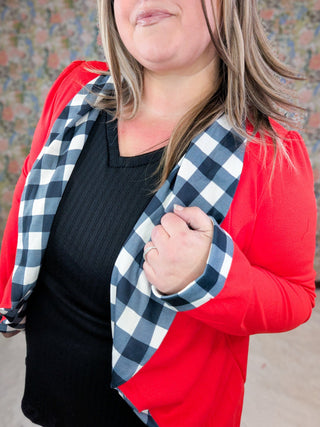 Audrey Draped Red Blazer w/Plaid Lining-4- Overlayer Tops-HEIMISH-Styled by Stacked - A Plus Size Women's Boutique in Lakeville, MN