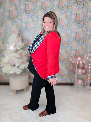 Audrey Draped Red Blazer w/Plaid Lining-4- Overlayer Tops-HEIMISH-Styled by Stacked - A Plus Size Women's Boutique in Lakeville, MN