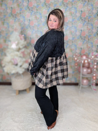Danielle Twofer Mineral Wash Pullover w/Plaid Bottom-2- Long Sleeve Tops-WHITE BIRCH-Styled by Stacked - A Plus Size Women's Boutique in Lakeville, MN