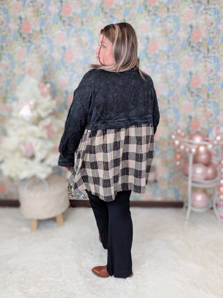 Danielle Twofer Mineral Wash Pullover w/Plaid Bottom-2- Long Sleeve Tops-WHITE BIRCH-Styled by Stacked - A Plus Size Women's Boutique in Lakeville, MN