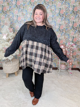 Danielle Twofer Mineral Wash Pullover w/Plaid Bottom-2- Long Sleeve Tops-WHITE BIRCH-Styled by Stacked - A Plus Size Women's Boutique in Lakeville, MN