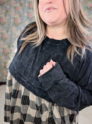 Danielle Twofer Mineral Wash Pullover w/Plaid Bottom-2- Long Sleeve Tops-WHITE BIRCH-Styled by Stacked - A Plus Size Women's Boutique in Lakeville, MN